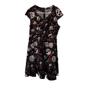 NWT Oten Colorful Sugar Skulls‎ Day of the Dead Cap Sleeve Dress, Size L/XL